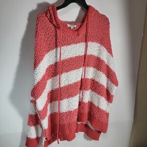Andree by Unit Pink And White Chunky Knit Oversized Hooded Sweater sz Medium